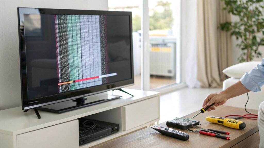 LG TV in living room with flickering screen and hand reaching to side panel, repair tools nearby.