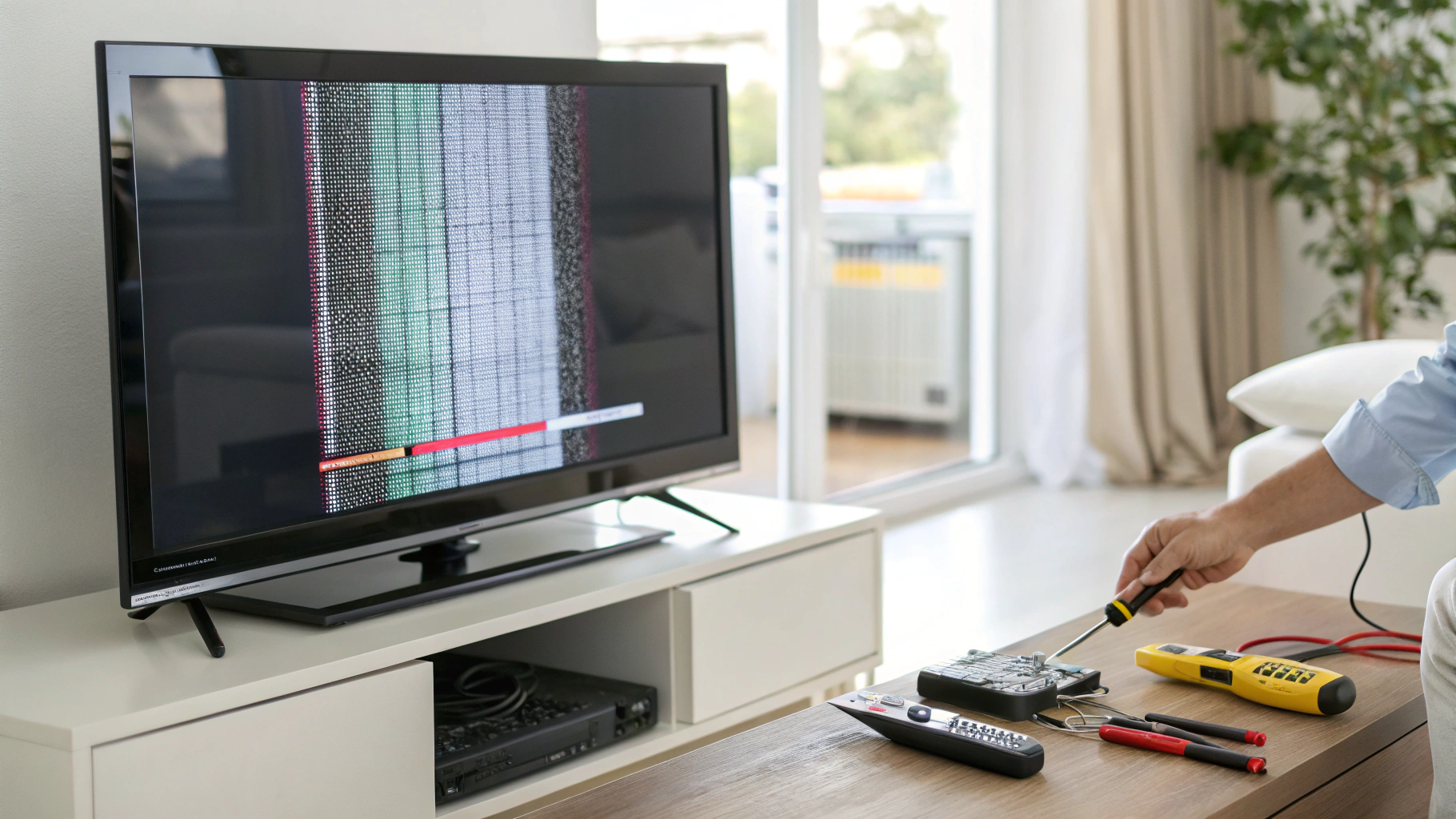 LG TV in living room with flickering screen and hand reaching to side panel, repair tools nearby.