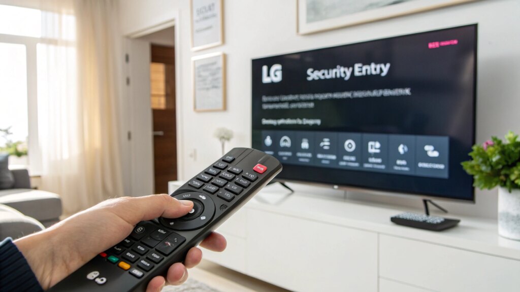 Hand entering PIN on LG remote in front of TV with security screen in modern living room.