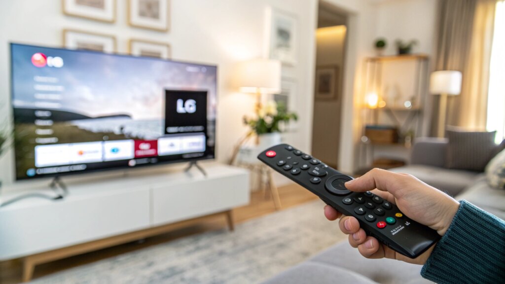 LG smart TV in modern living room with performance optimization menu on screen and hand adjusting settings with remote.