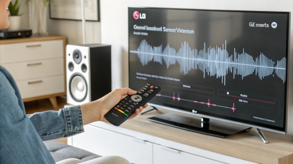 Person adjusting LG TV audio settings with intermittent sound waves and home entertainment setup in background.