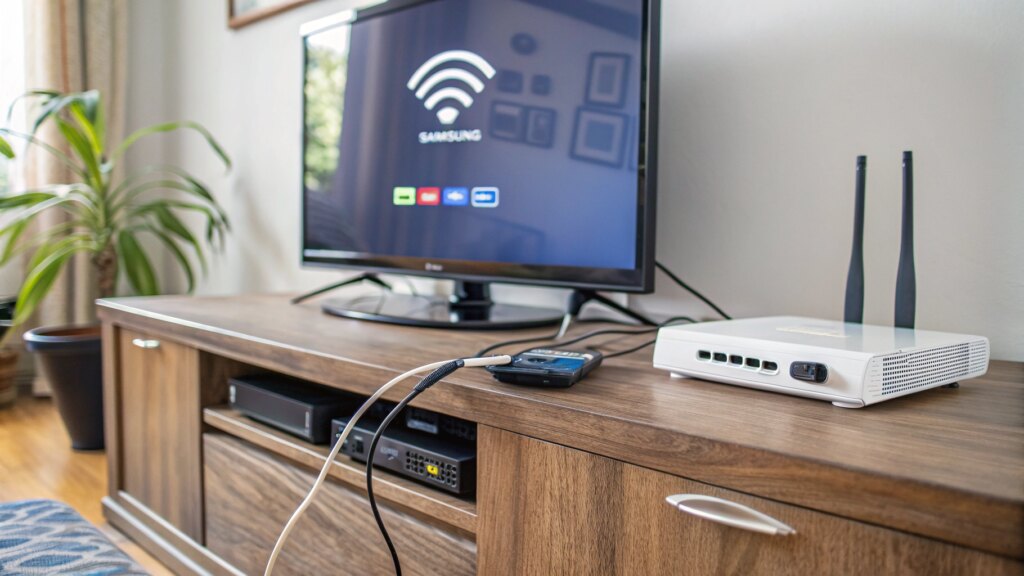 Samsung TV with network error, WiFi settings on smartphone, router, and ethernet cable on wooden entertainment center.
