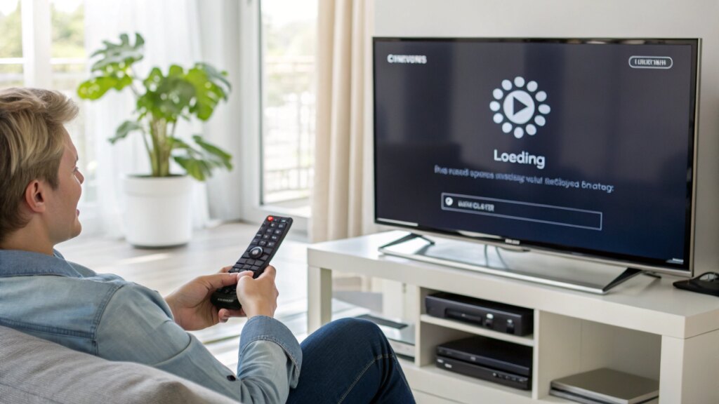 Samsung smart TV buffering in a modern living room with a frustrated person holding a remote.