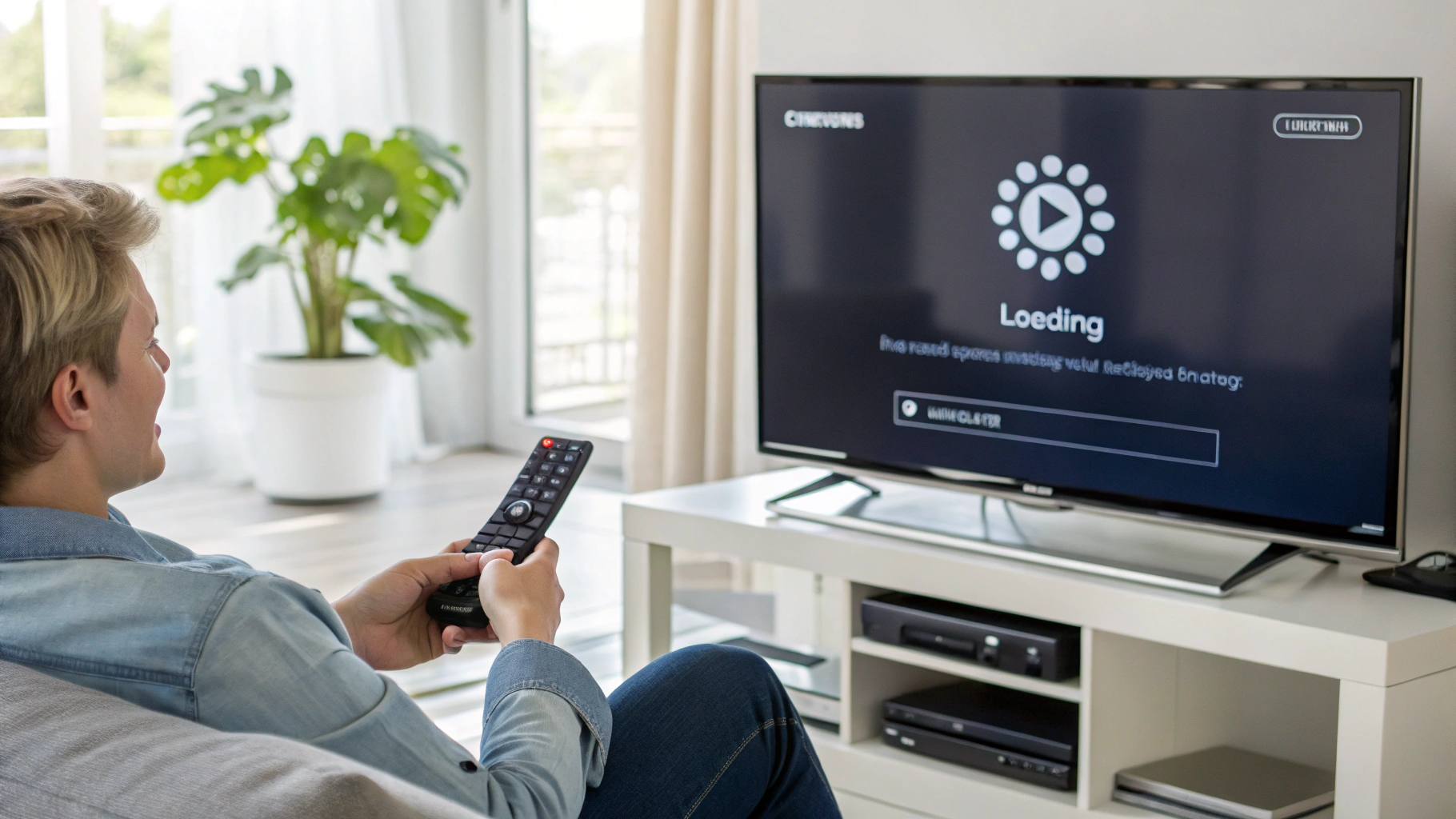 Samsung smart TV buffering in a modern living room with a frustrated person holding a remote.