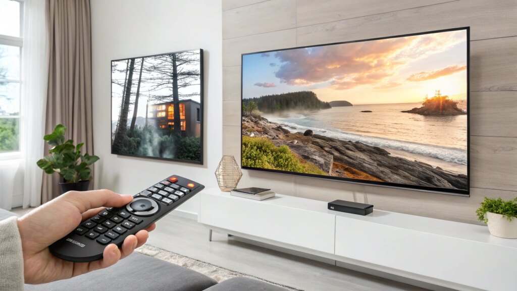 Samsung TV displaying split-screen with vibrant and dim images, remote in hand, mounted on modern living room wall.