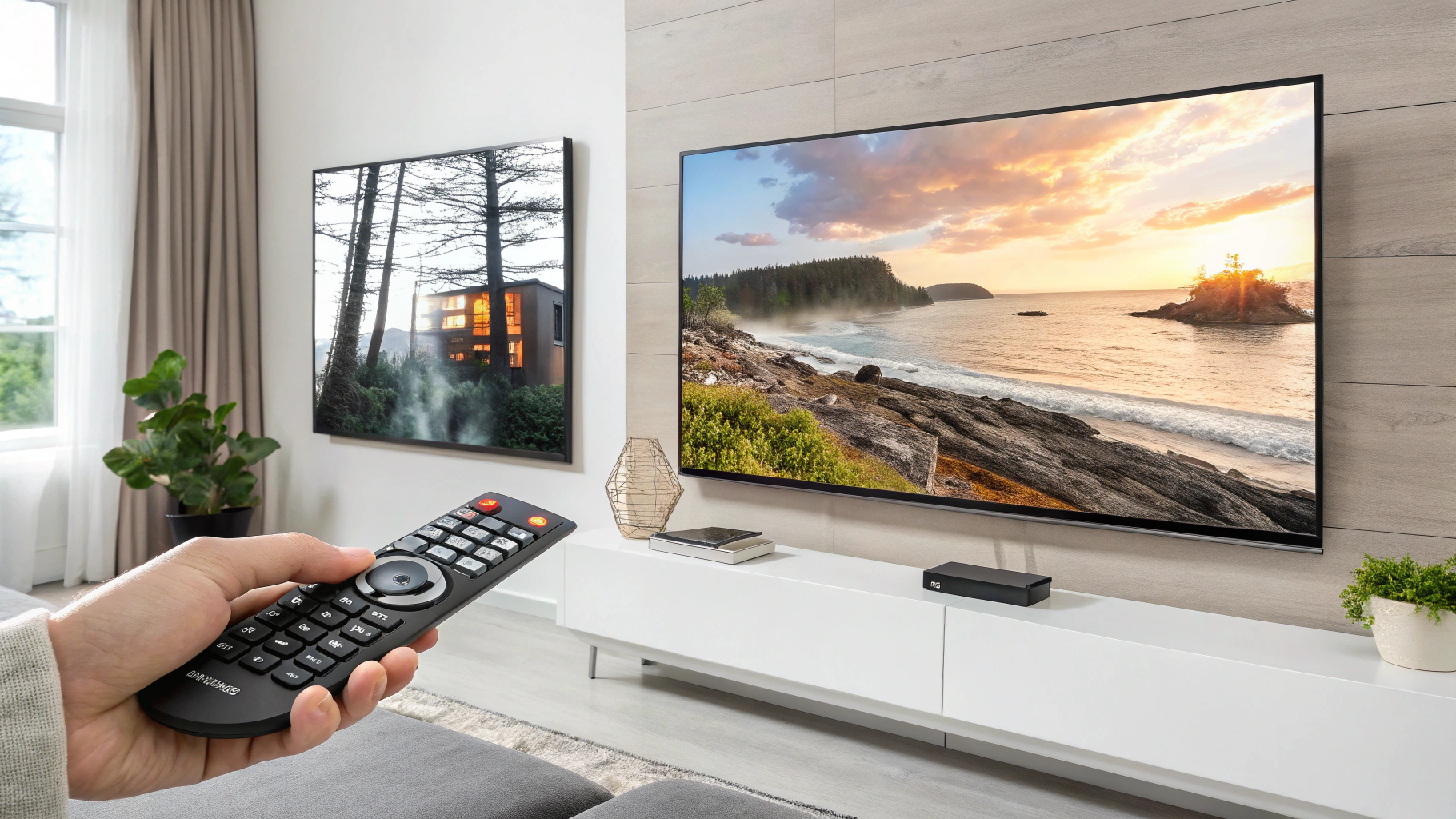 Samsung TV displaying split-screen with vibrant and dim images, remote in hand, mounted on modern living room wall.