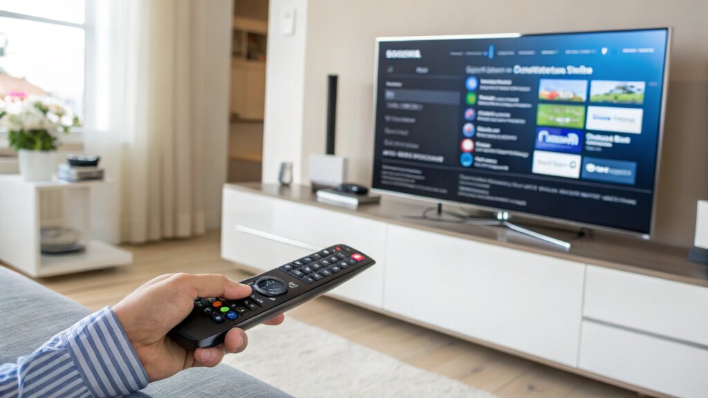 Samsung smart TV displaying diagnostic menu with remote control interaction in a modern living room.