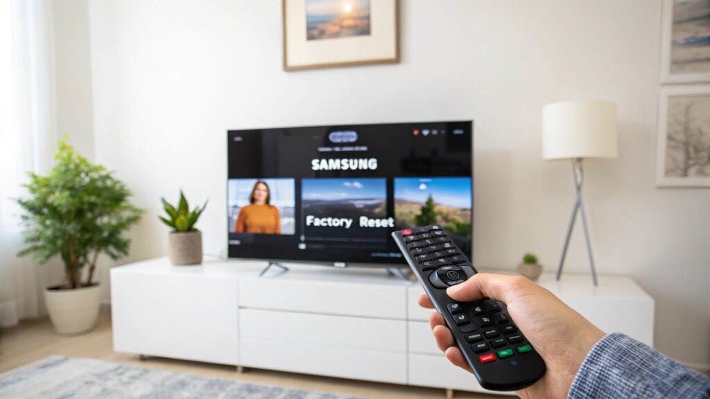Samsung smart TV settings menu with factory reset highlighted, remote pointed at screen, in modern living room