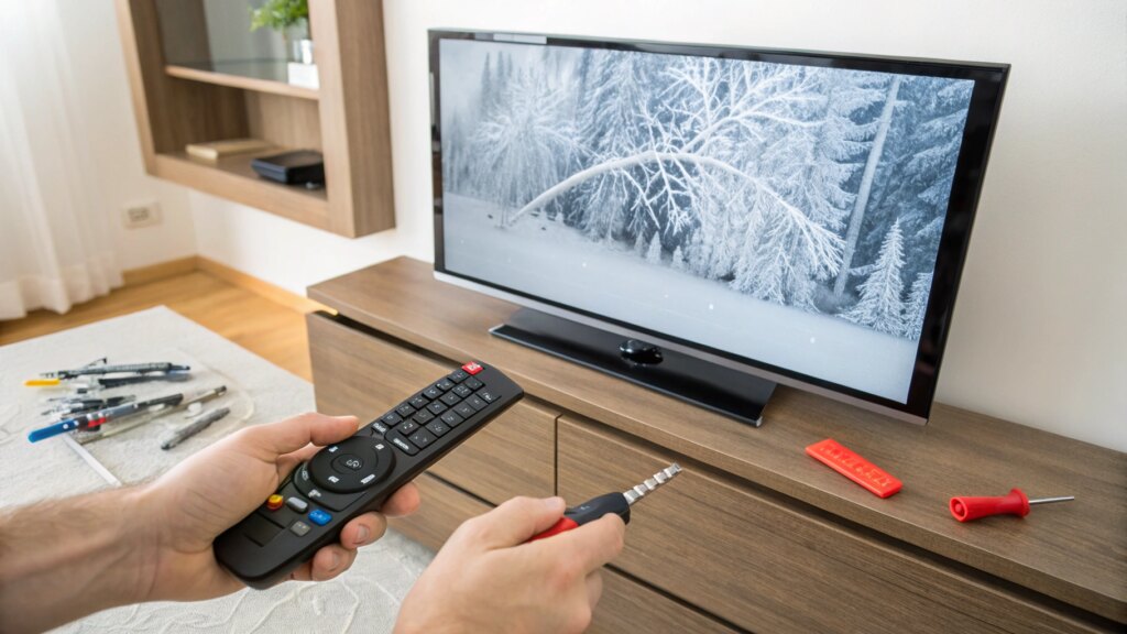 Samsung TV with frozen screen, remote in hand, repair tools nearby