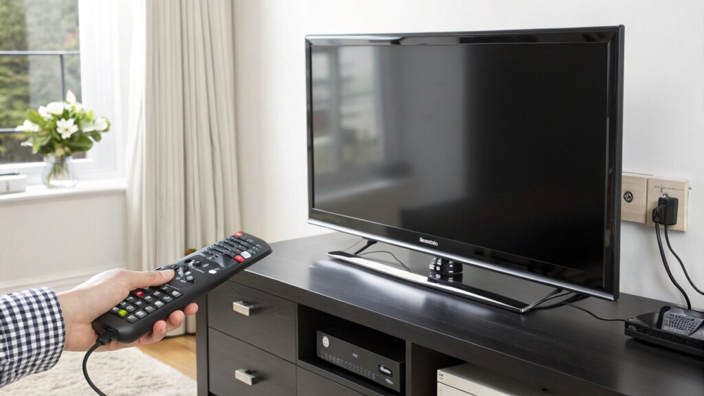 Samsung flat-screen TV on stand in living room, unresponsive to power button and remote control, with power cable visible.