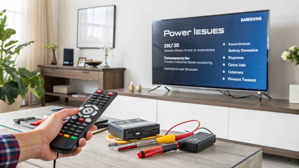 Samsung TV flickering with remote and diagnostic tools in living room