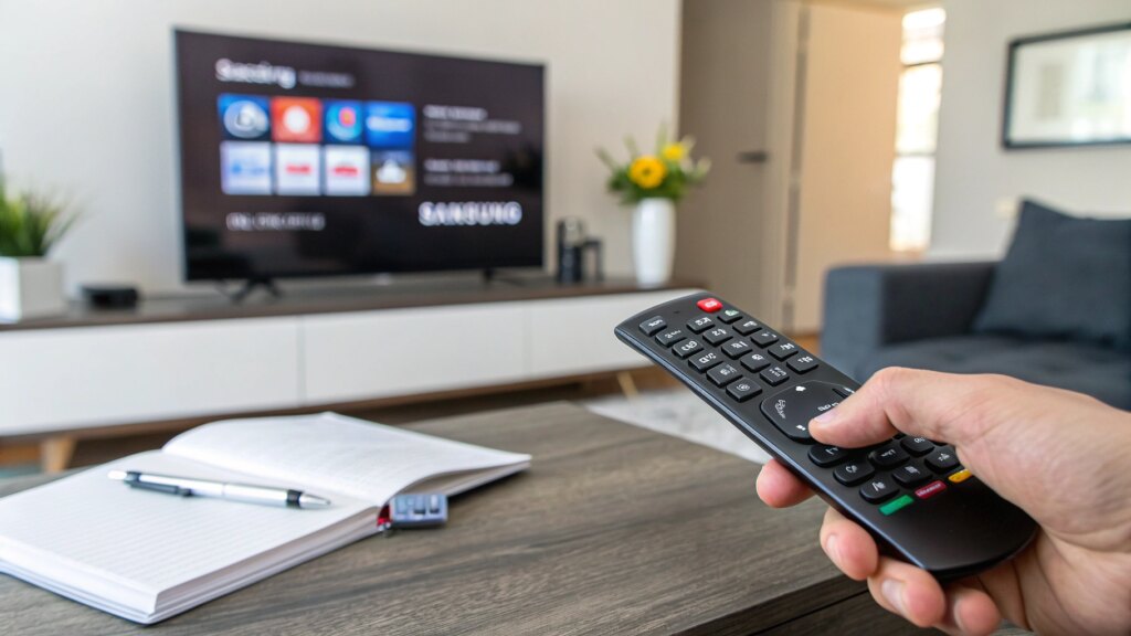 Samsung TV remote held towards screen with PIN entry interface, coffee table with notepad and pen in modern living room.