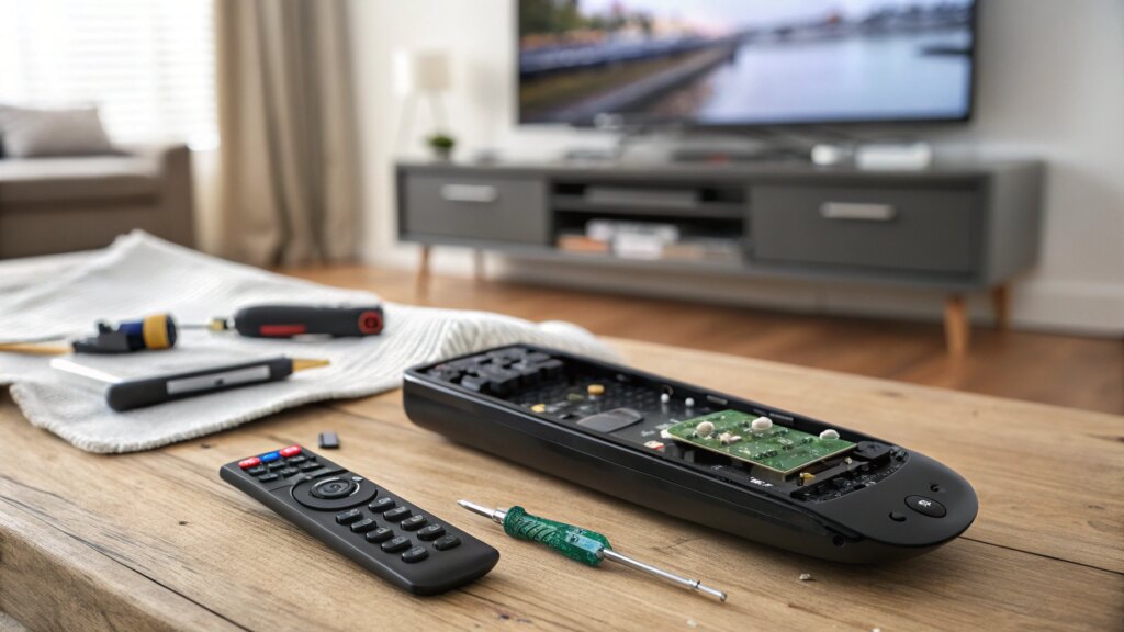 Sony TV remote control opened with circuit board and repair tools on a wooden table, TV in background