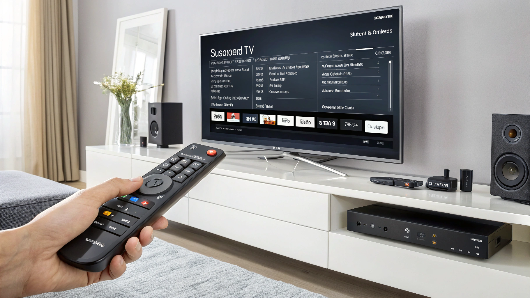 Samsung TV displaying audio settings menu with hands adjusting volume controls and soundbar components visible.