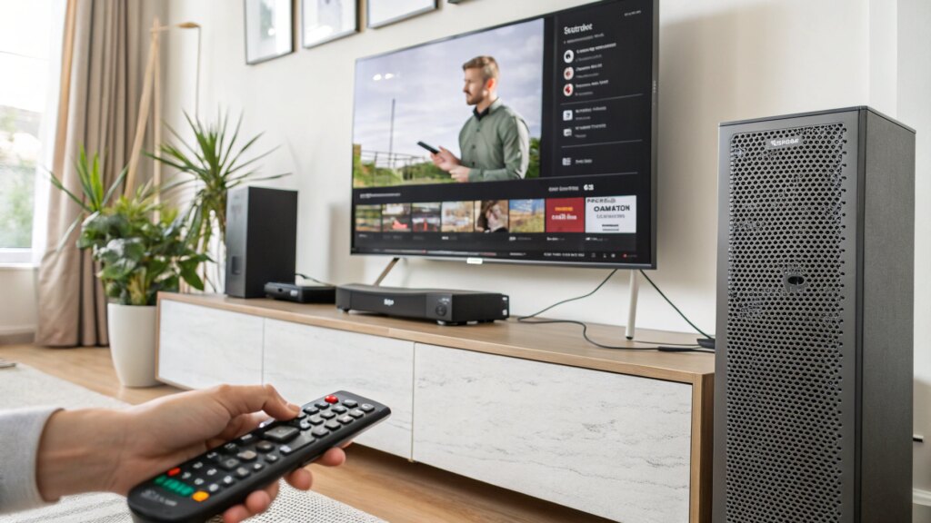 Sony BRAVIA TV showing audio settings menu with speaker grilles, remote control, and connection ports in a modern living room.
