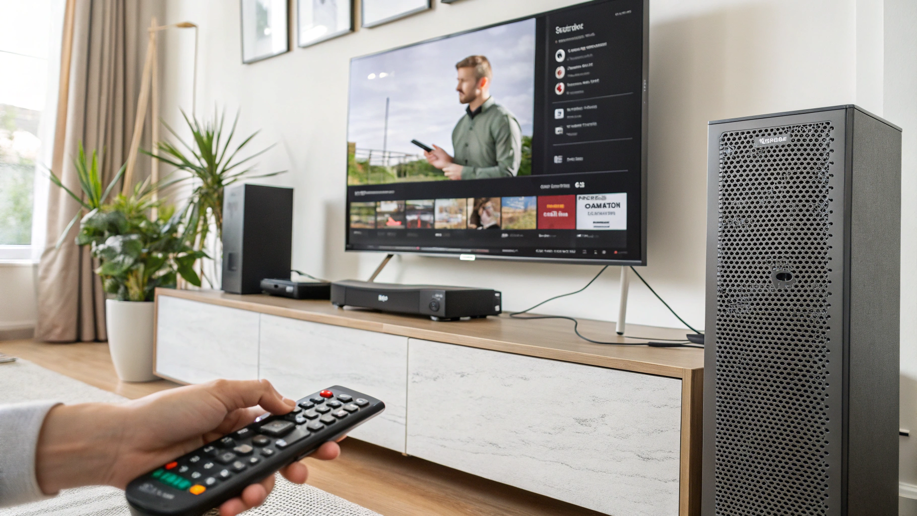 Sony BRAVIA TV showing audio settings menu with speaker grilles, remote control, and connection ports in a modern living room.