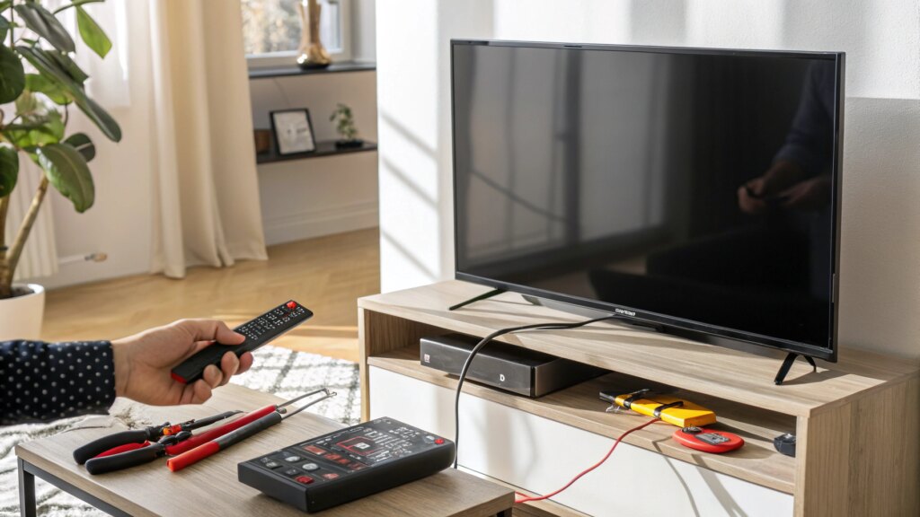 Sony TV on a stand with red standby light and remote in a well-lit room, showing a repair setup with tools and unplugged cord.