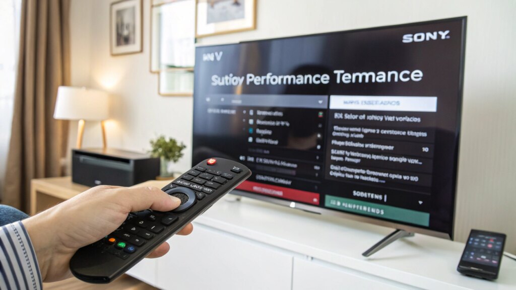 Sony TV screen with buffering issues, remote control in hand adjusting settings in a cozy living room.