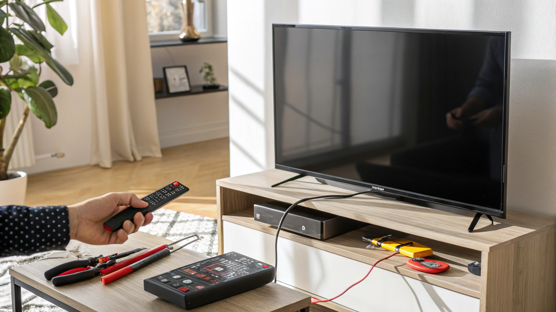 Sony TV on a stand with red standby light and remote in a well-lit room, showing a repair setup with tools and unplugged cord.