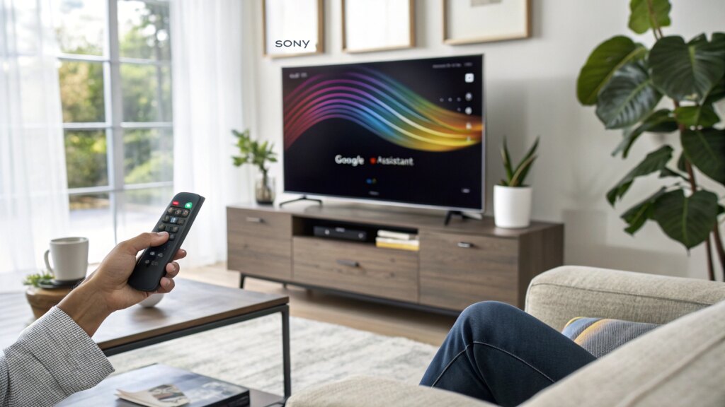 Person using voice command on Sony TV with Google Assistant, displaying interface on screen in stylish living room