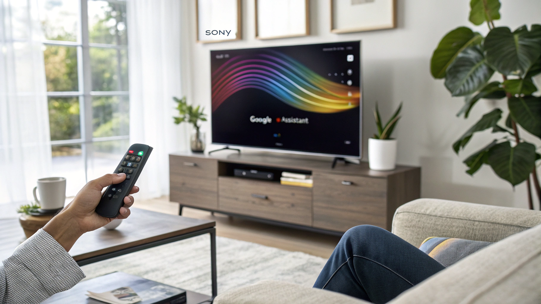 Person using voice command on Sony TV with Google Assistant, displaying interface on screen in stylish living room