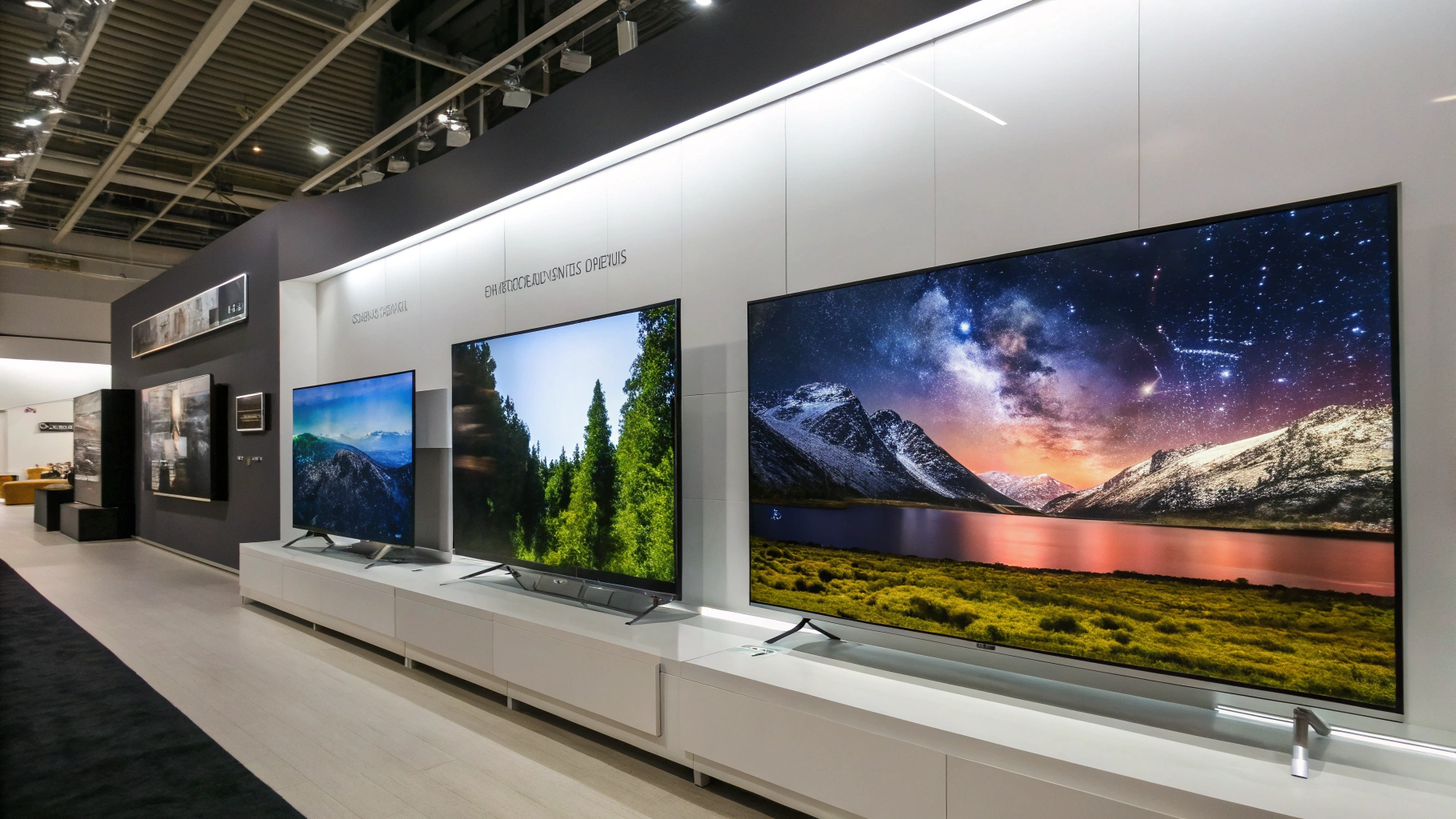 Side-by-side comparison of OLED, QLED, Mini-LED, and LCD TVs displaying vibrant colors in a modern showroom.