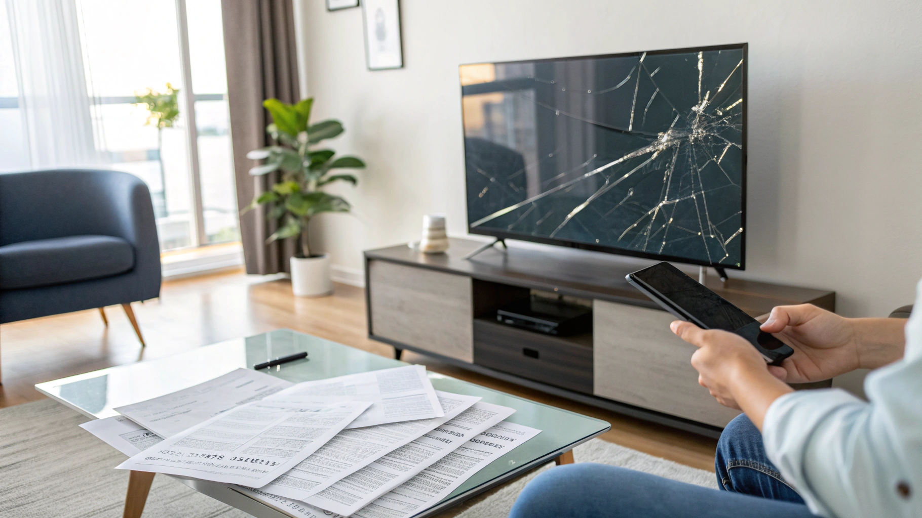 Damaged flat-screen TV with crack, insurance papers, smartphone call