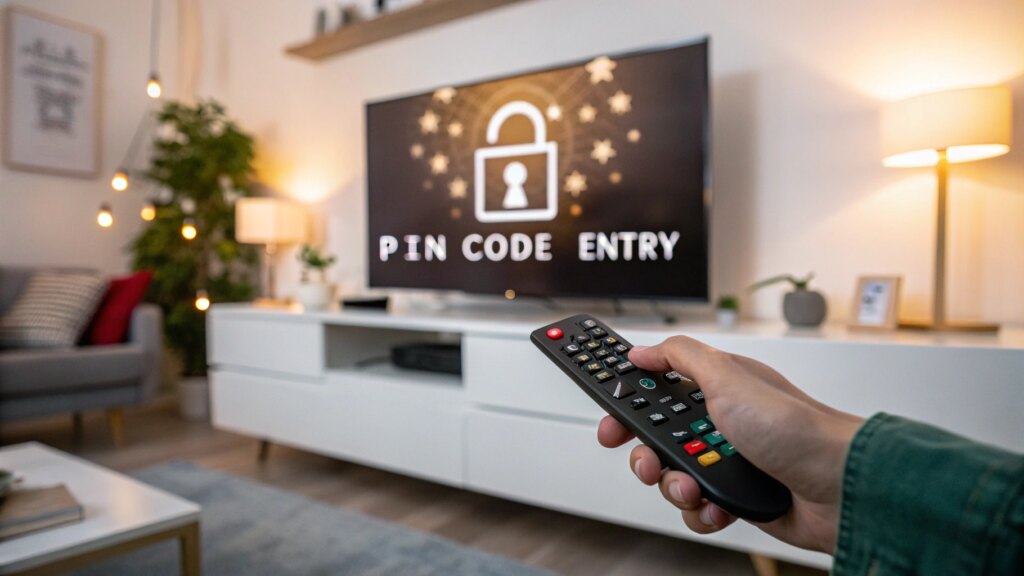 Hand holding remote pointed at TV with PIN entry screen and security icon