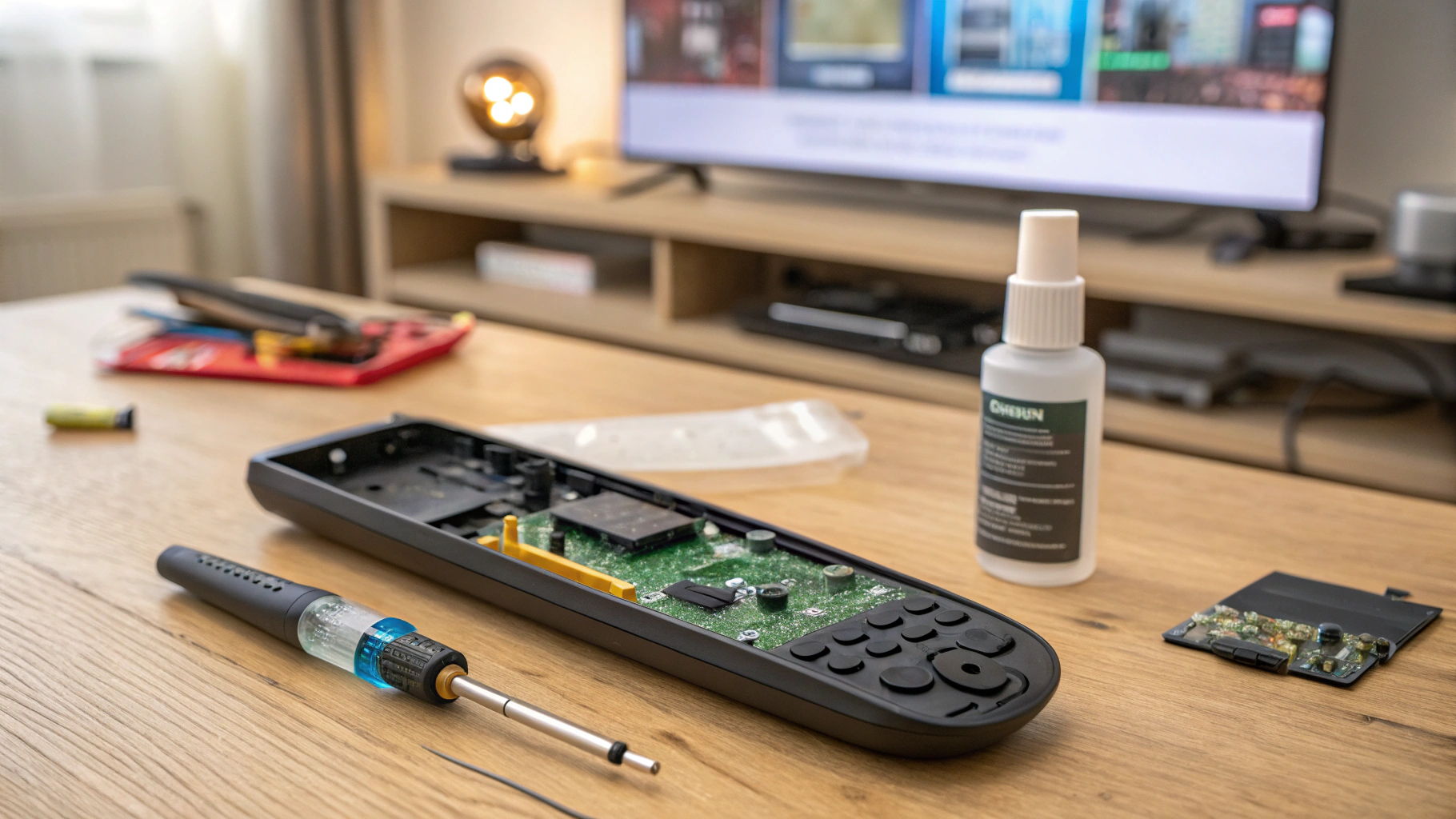 Philips TV remote being repaired on a wooden desk with tools, circuit board exposed, and TV in background.