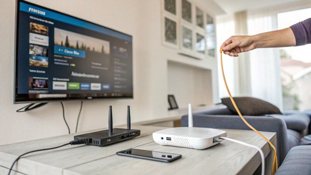 Connecting Ethernet cable to Philips Smart TV with Wi-Fi router nearby in a modern living room
