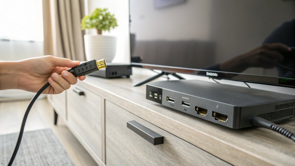 Close-up of a Philips TV with a hand trying to insert an HDMI cable into the port, highlighting connection issues.