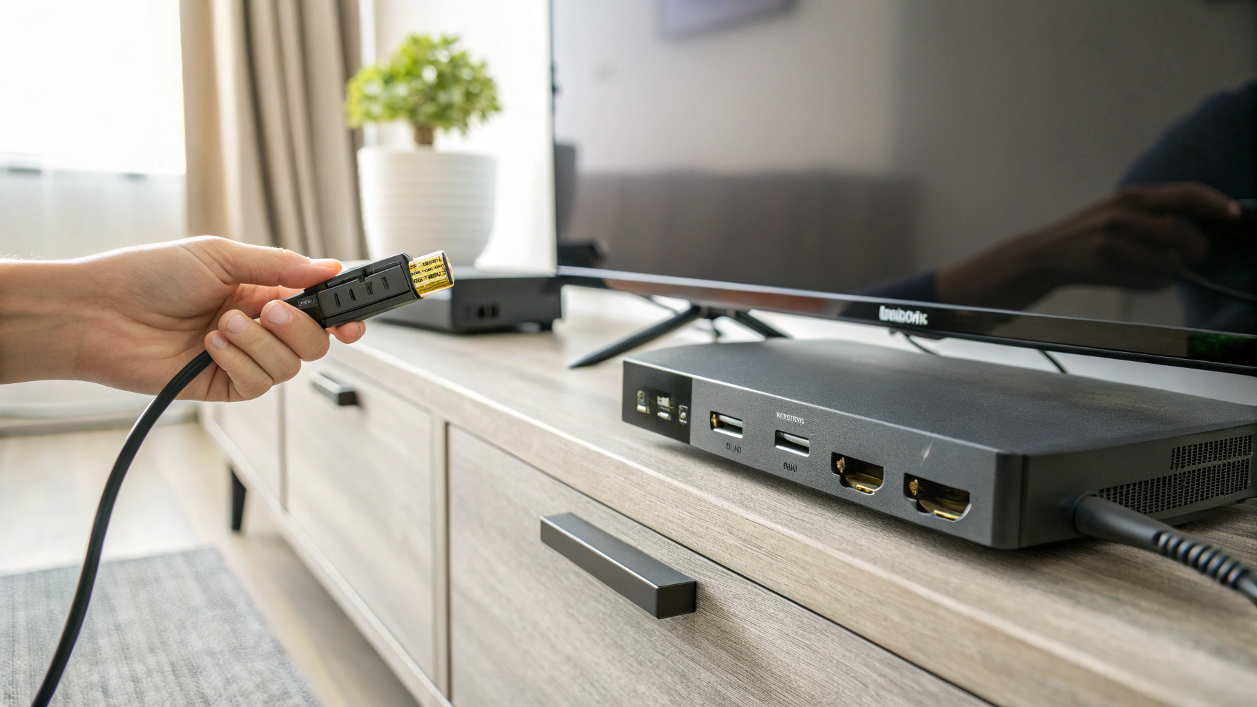 Close-up of a Philips TV with a hand trying to insert an HDMI cable into the port, highlighting connection issues.