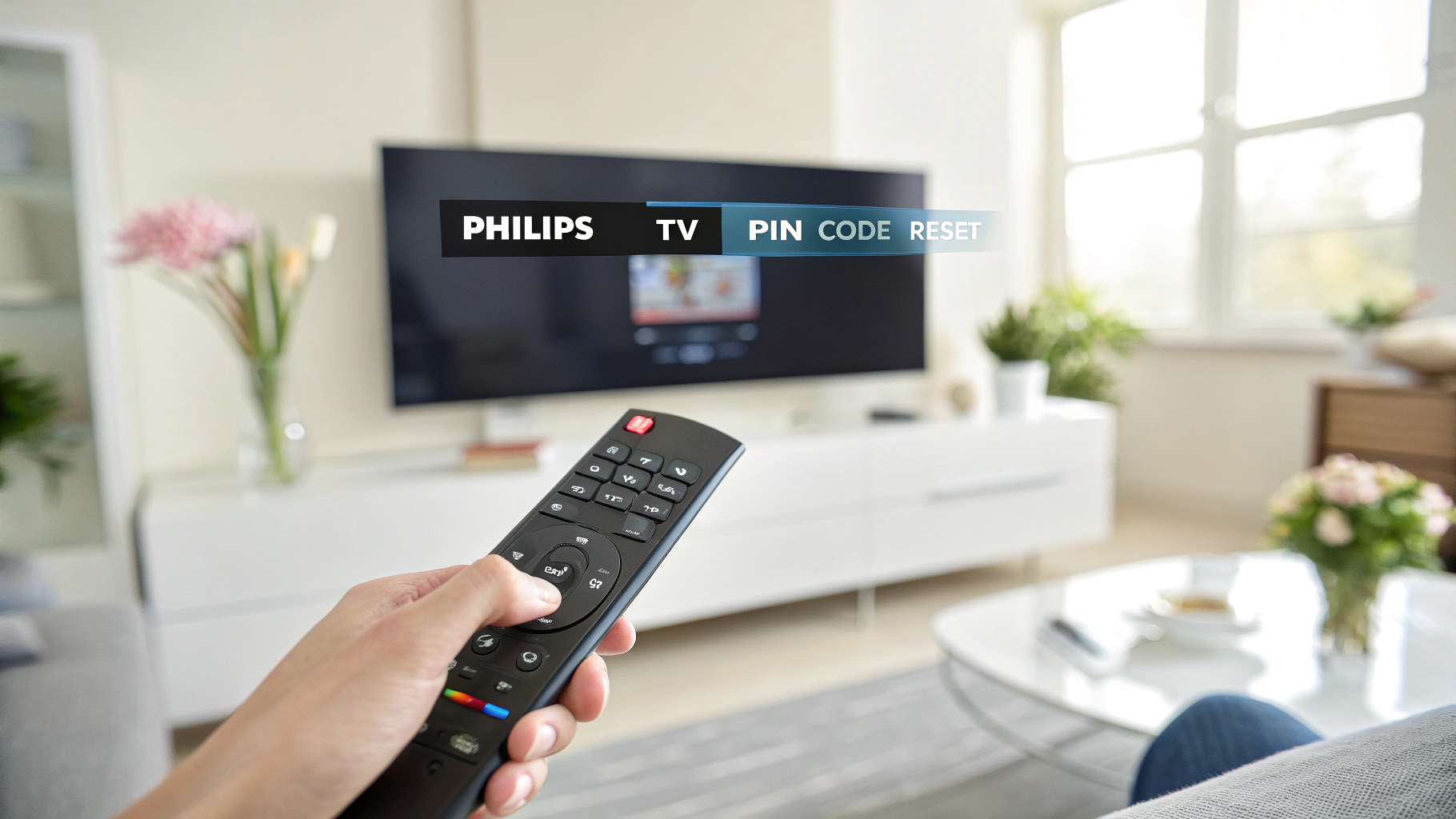 Philips TV remote pointing at screen with PIN reset menu in a modern living room