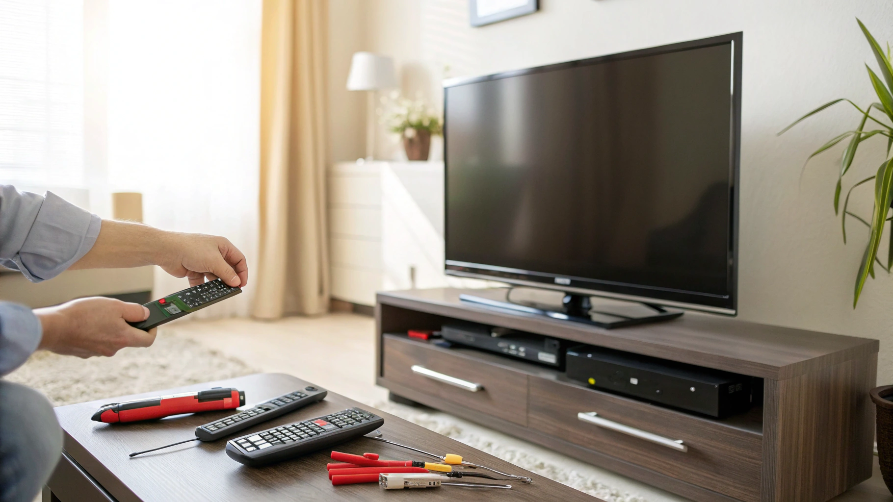 Philips TV on entertainment unit with hand near power button, remote and tools visible in warm-lit home setting.